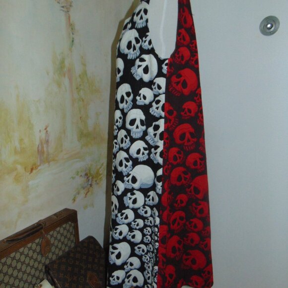 OOAK Handmade Skull Print Sheath Dress Red White Black Goth Whimsigoth Halloween - Picture 14 of 15